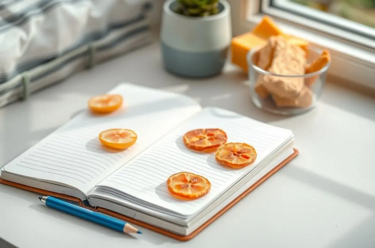 Ambiente de estudo com alimentos saudáveis e um caderno.