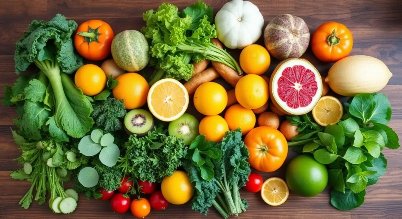Variedade de frutas e vegetais representando uma dieta detox