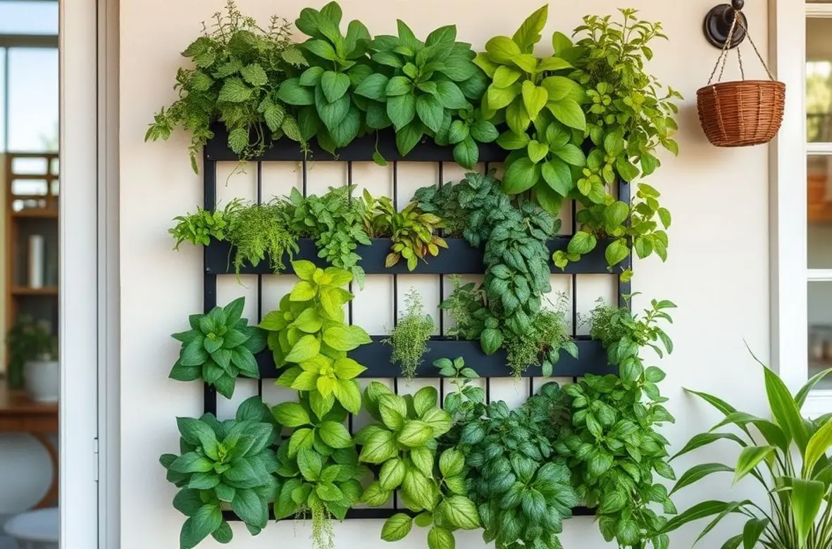Vibrant vertical garden on a wall in a home setting.