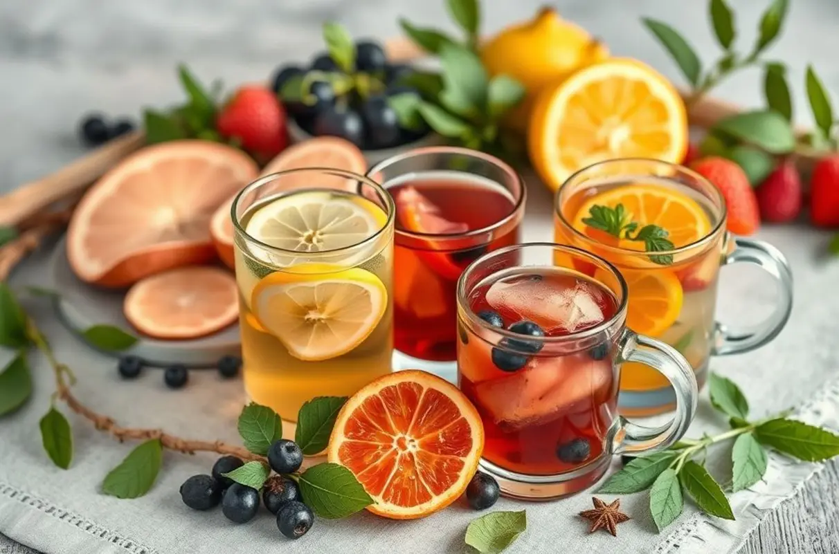 Apresentação colorida de chás detox variados