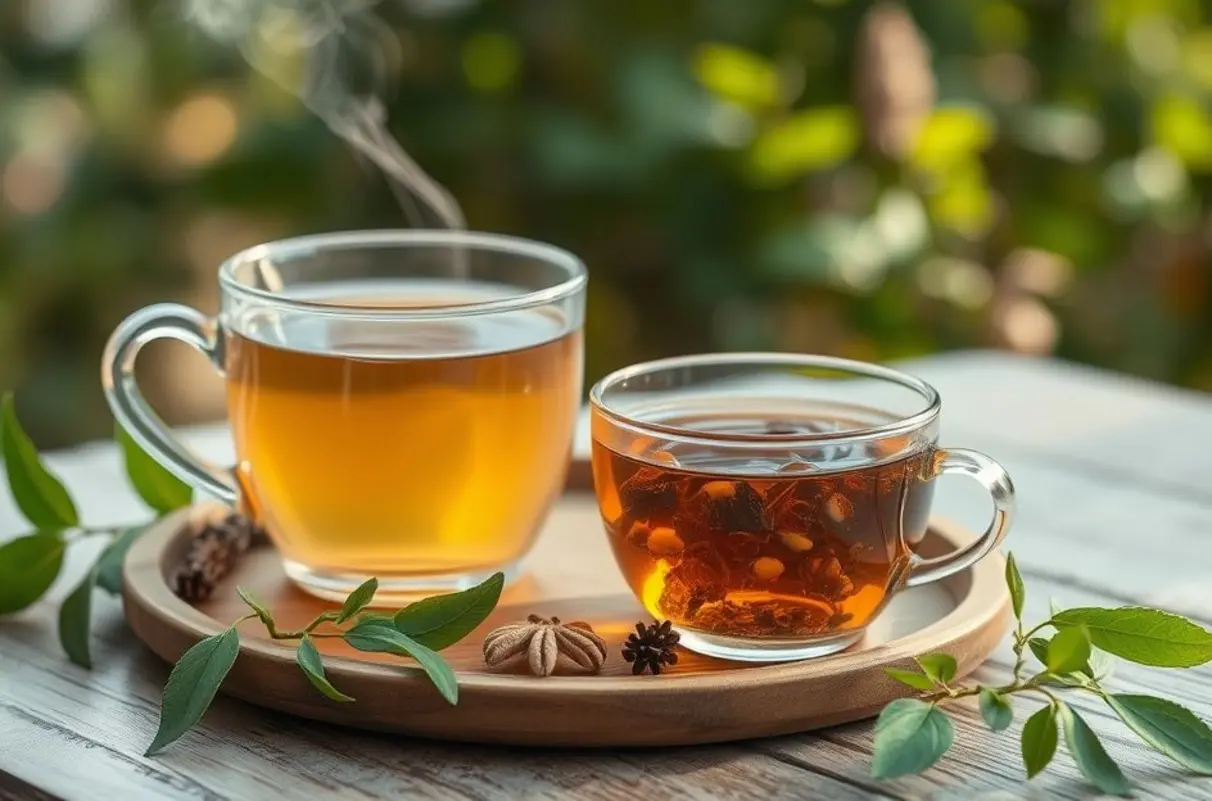 Chá detox em uma mesa com cenário natural ao fundo