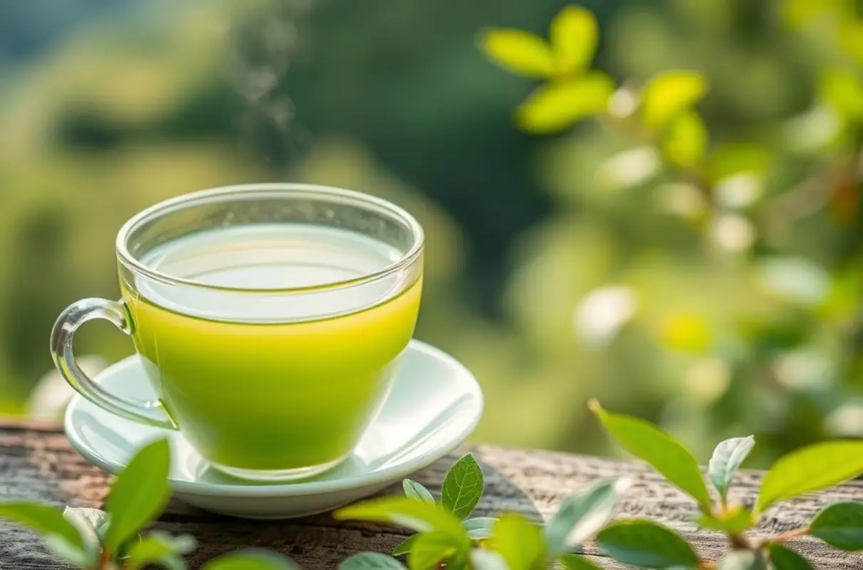 Uma xícara de chá verde em um ambiente natural