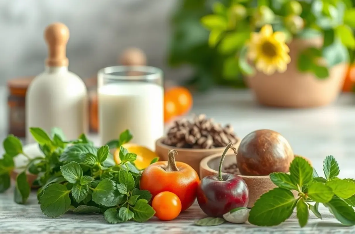 Imagem de um ambiente tranquilo com ervas e frutas representam a saúde