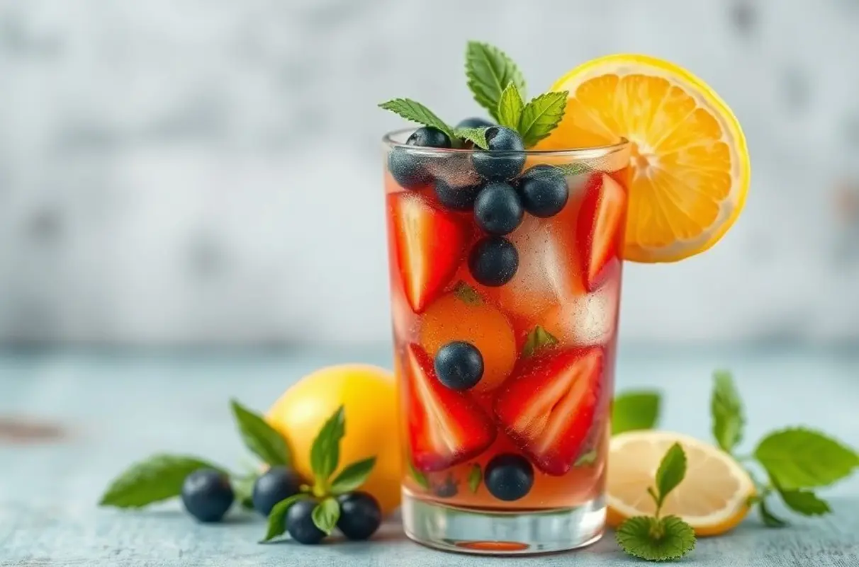 Bebida detox fresca com frutas e ervas.
