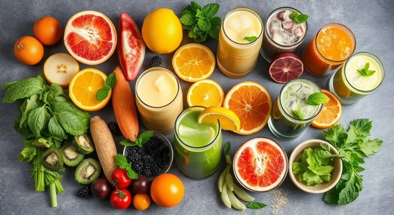 Variedade vibrante de alimentos e bebidas detox