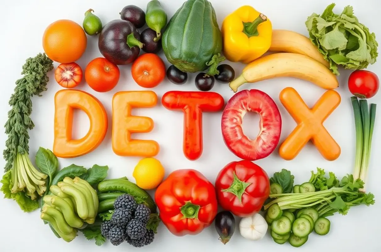 Frutas e vegetais frescos organizados para formar a palavra detox.