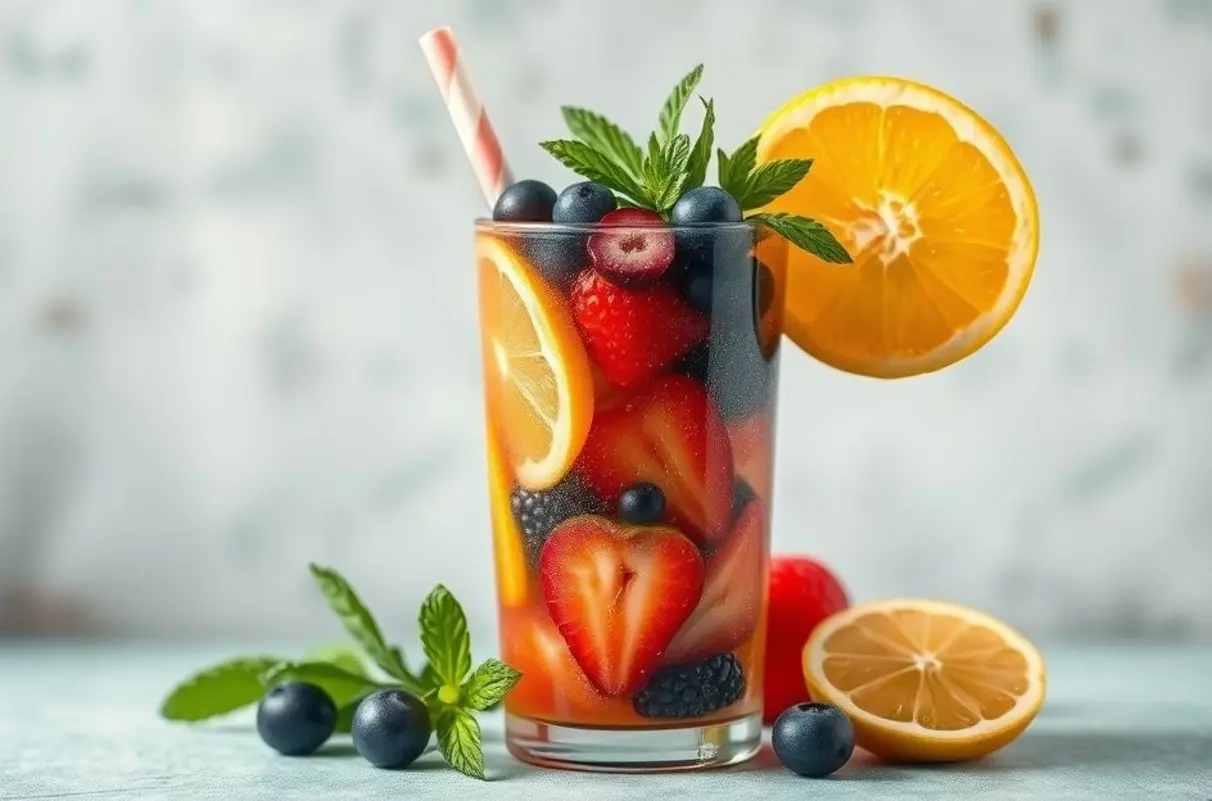 Bebida detox com frutas e vegetais, mostrando saúde e vitalidade