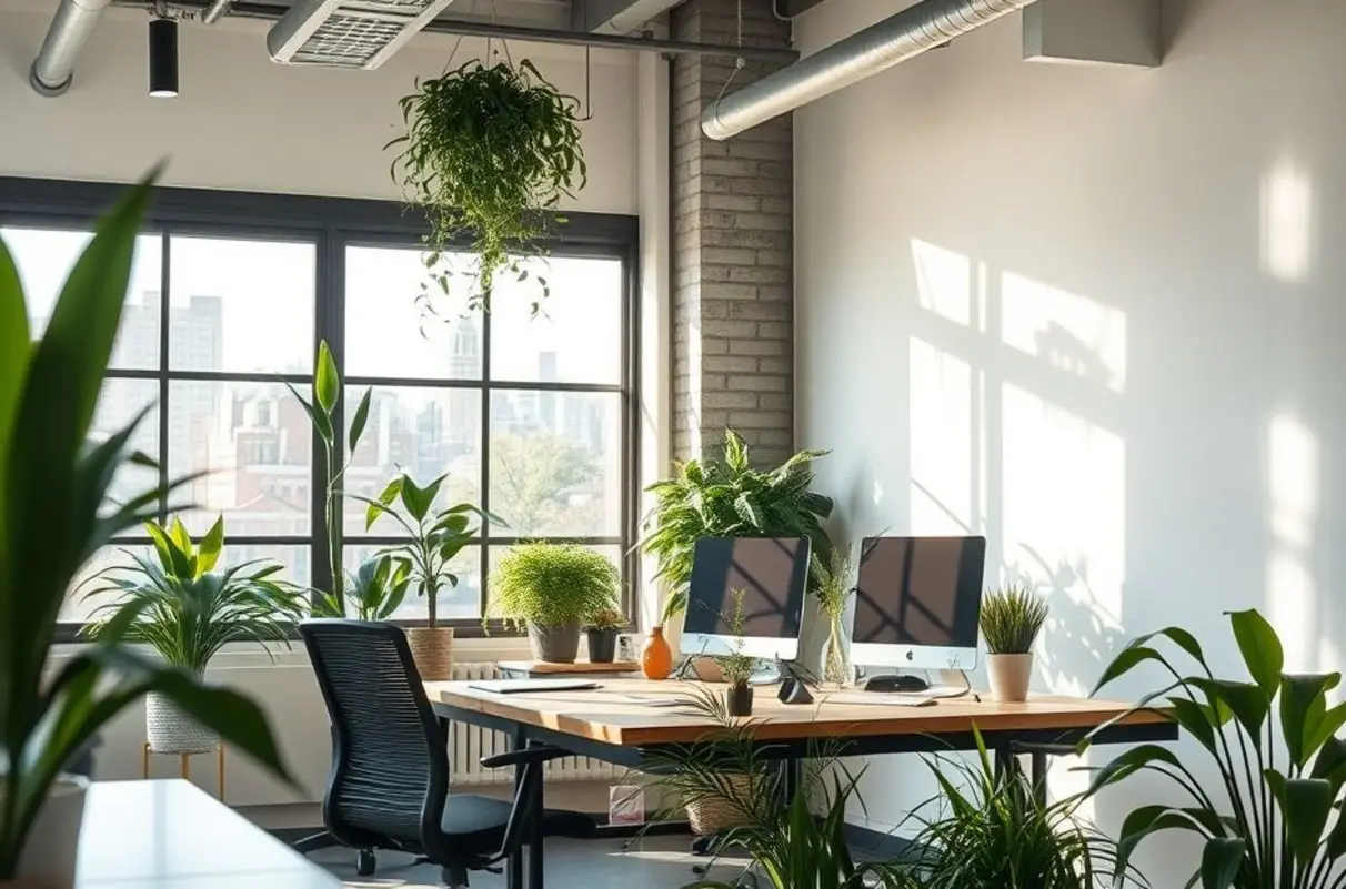 Ambiente de trabalho cheio de luz natural e plantas