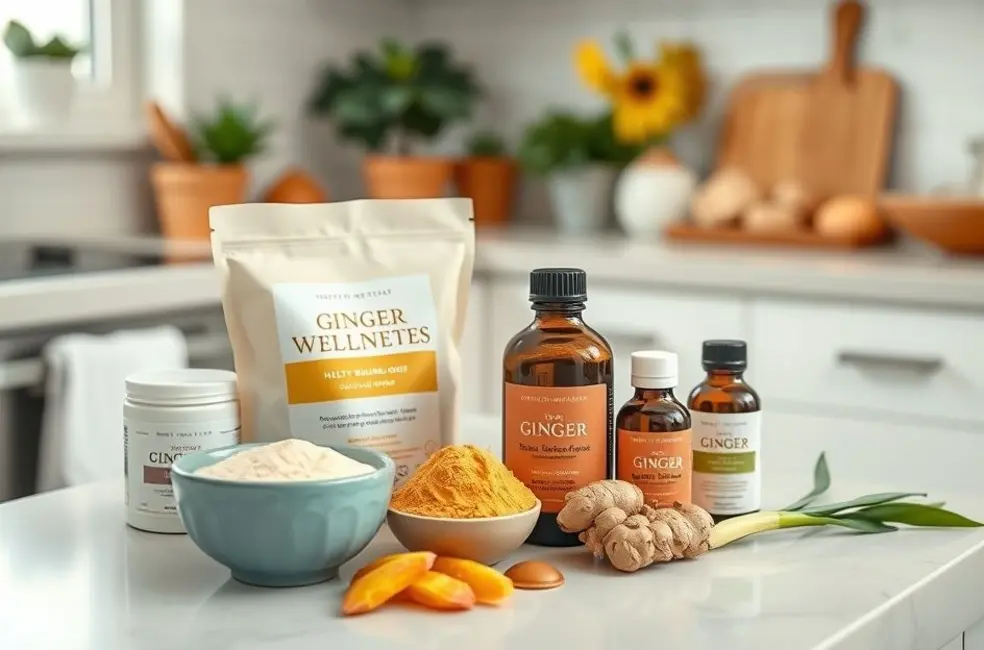 Produtos de gengibre em uma cozinha clara