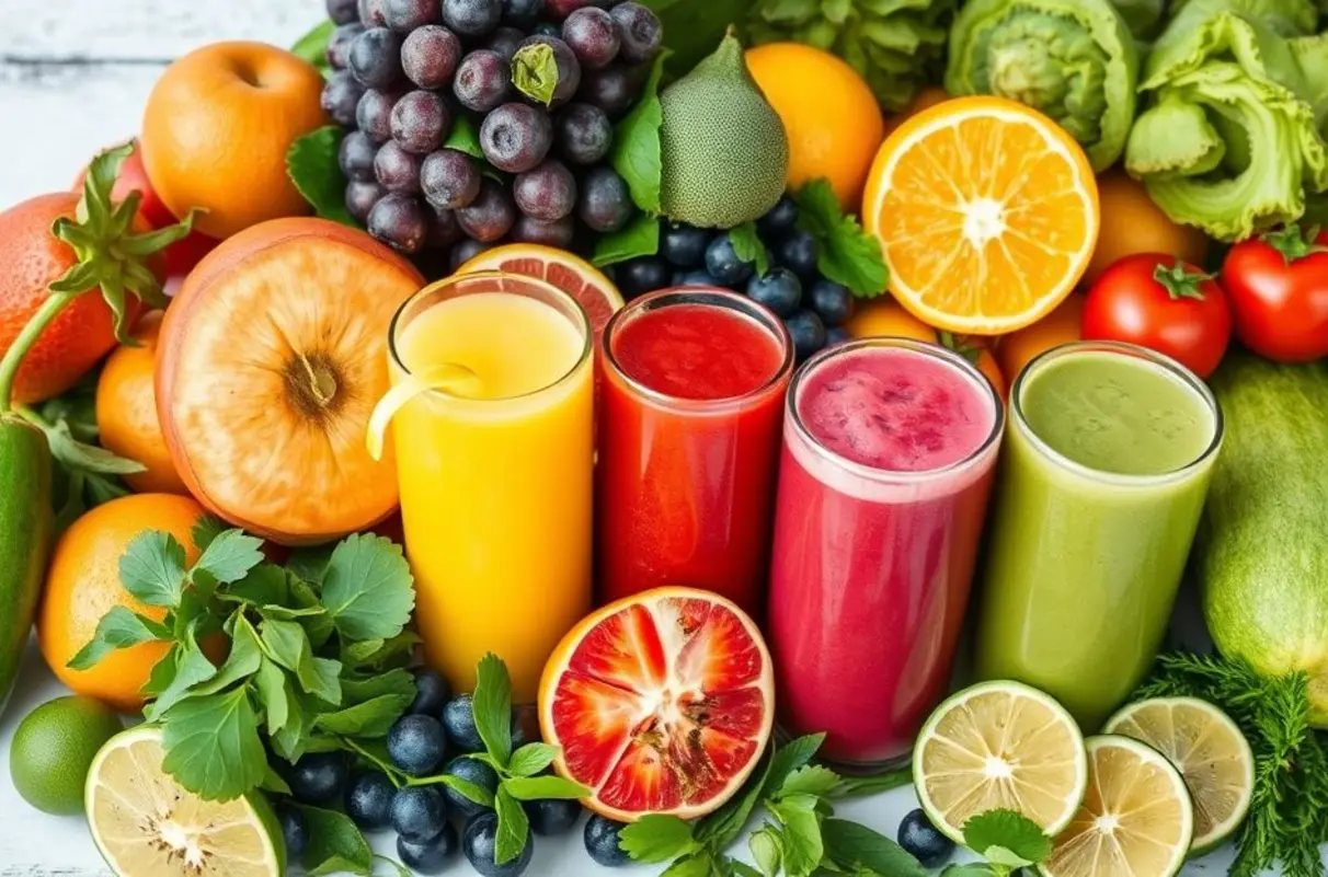 Variedade de frutas e vegetais frescos para fazer sucos detox.