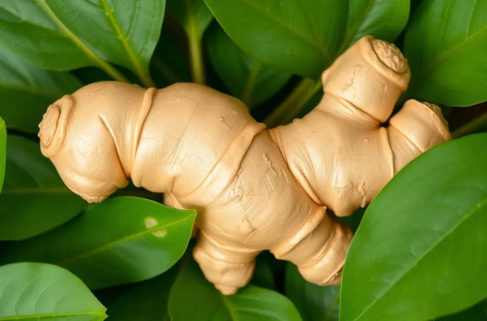 Raiz de gengibre fresca cercada por folhas verdes.