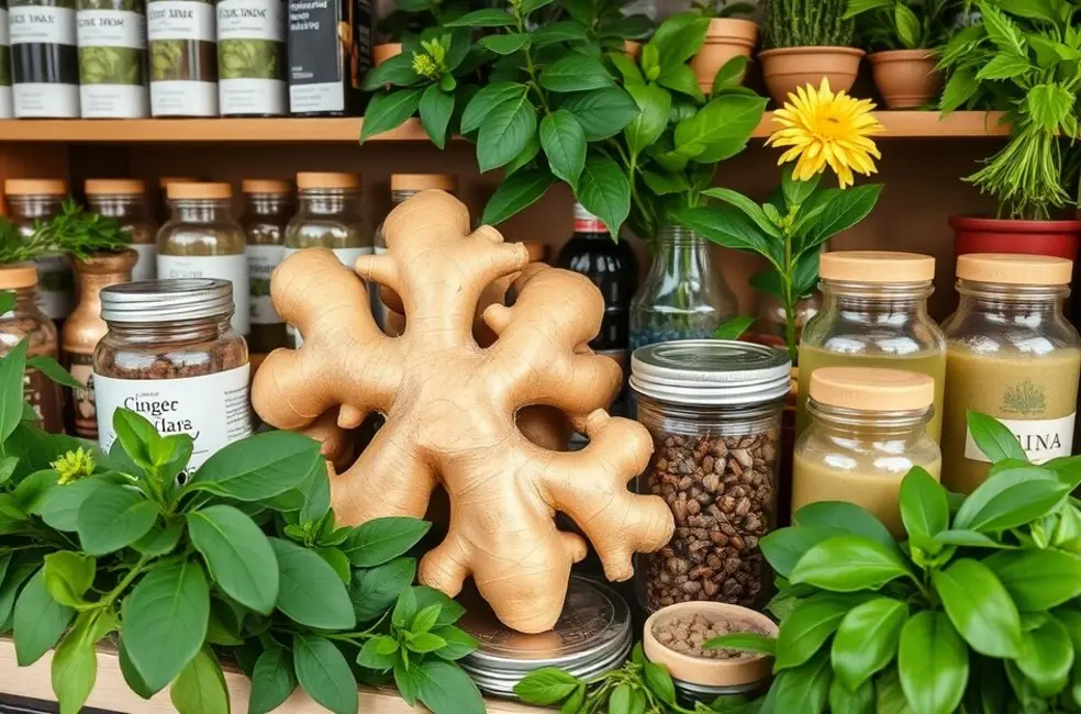 Exibição de farmácia herbal com raízes de gengibre