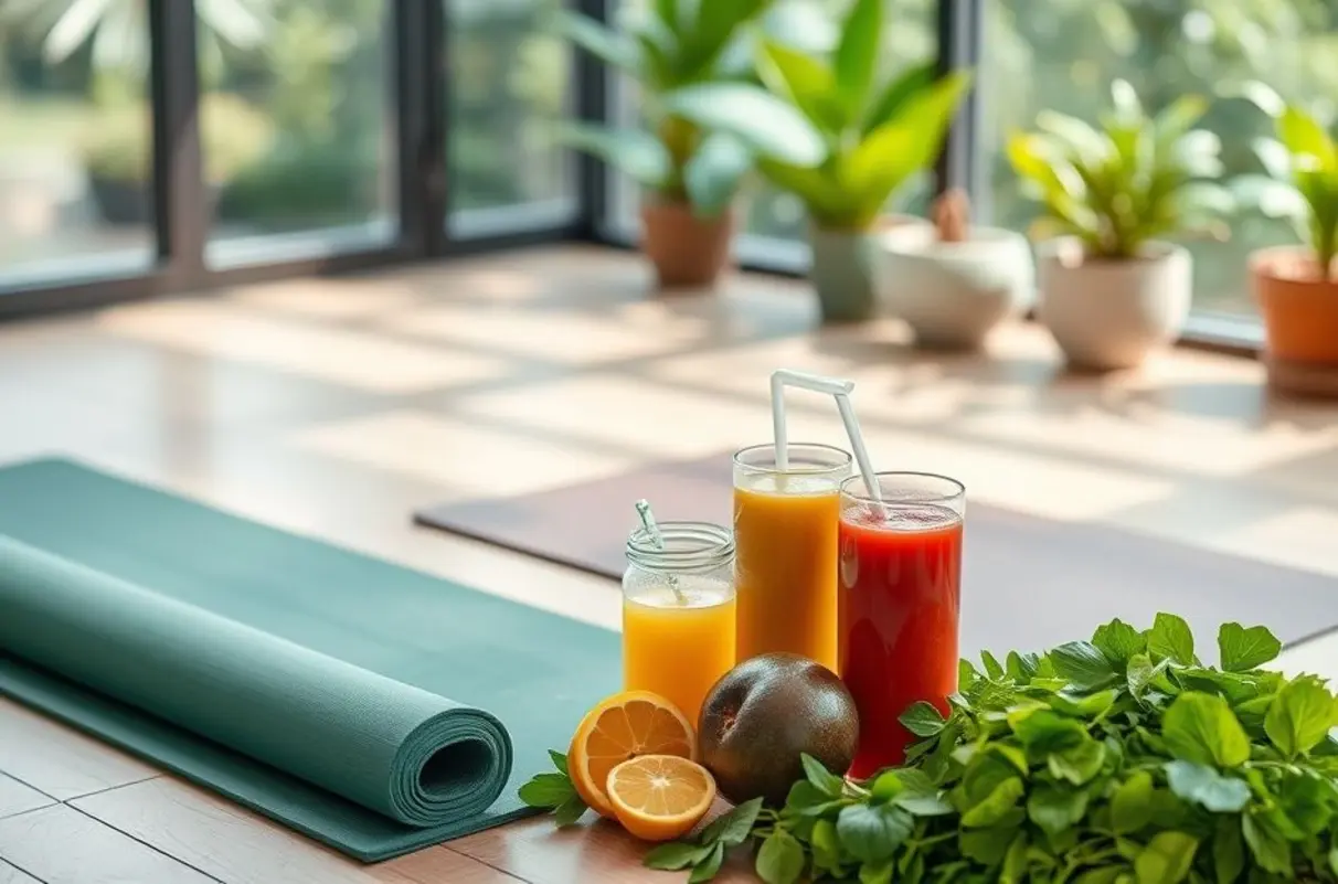 Ambiente saudável com yoga e alimentos frescos