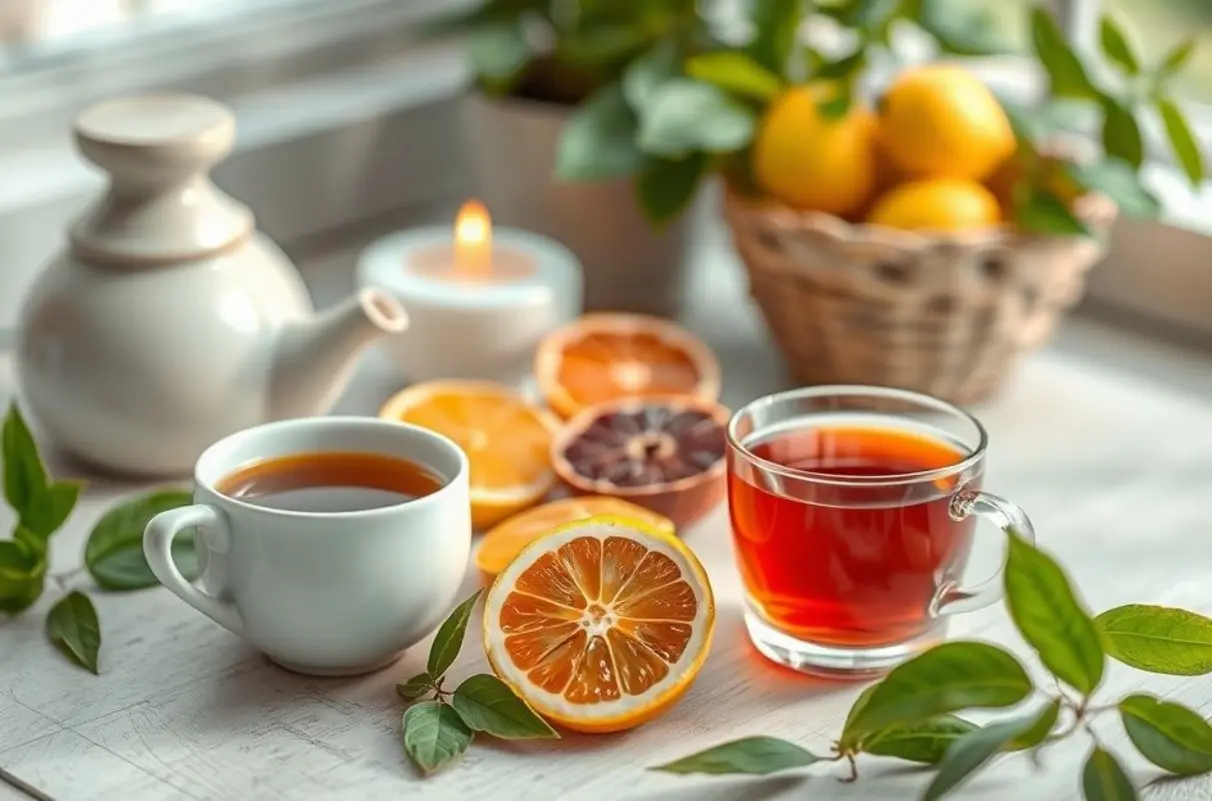 Cenário relaxante com chás e frutas frescas