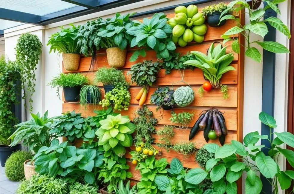 Horta vertical externa repleta de vegetais