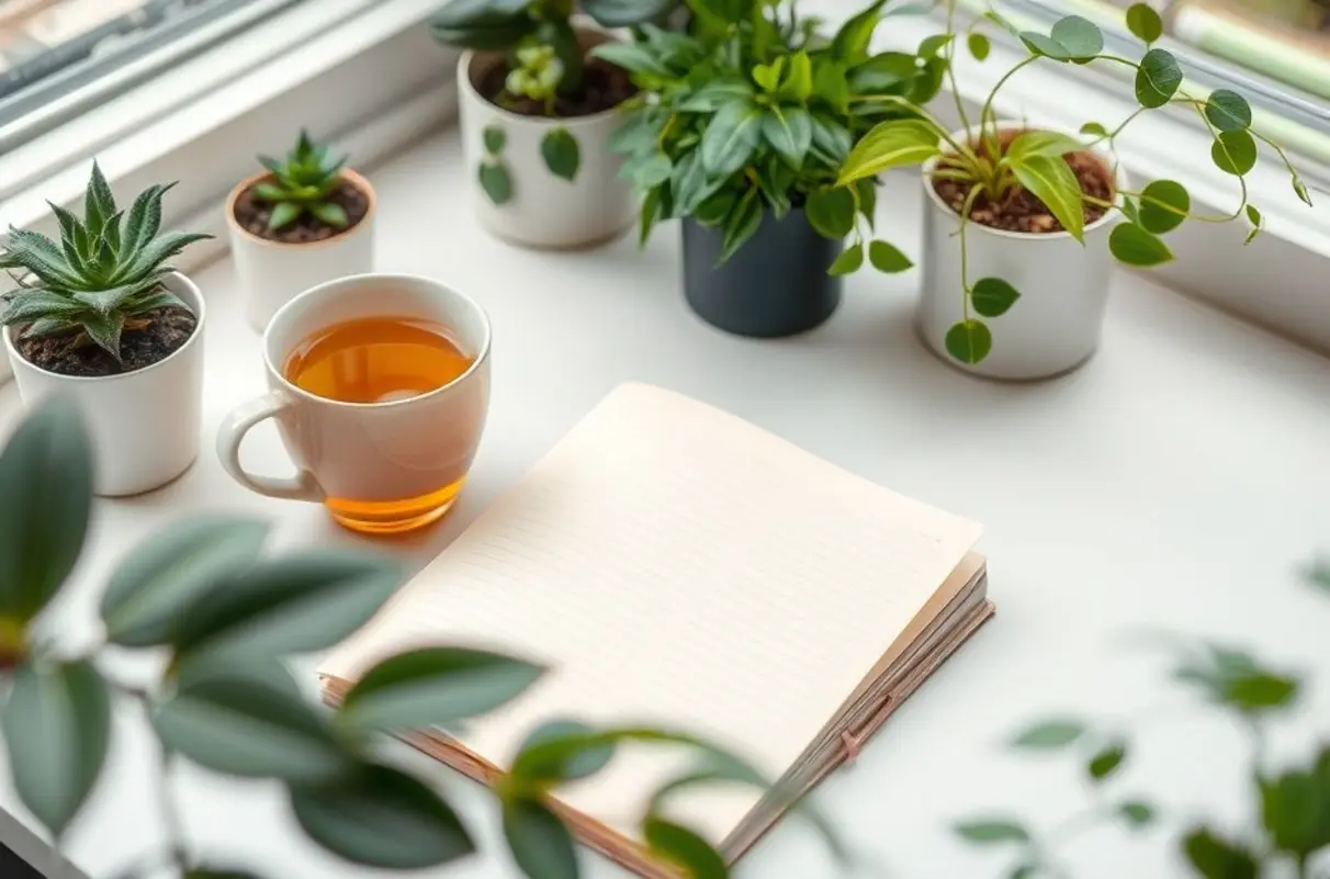 Um escritório calmo e inspirador com plantas e chá.