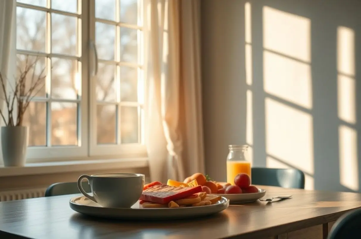 Mesa de café da manhã saudável com luz do sol entrando pela janela