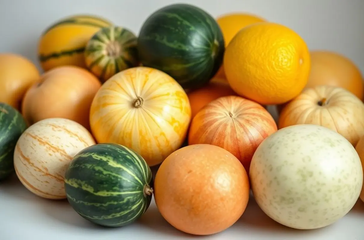 Uma bela disposição de melões de diversas cores
