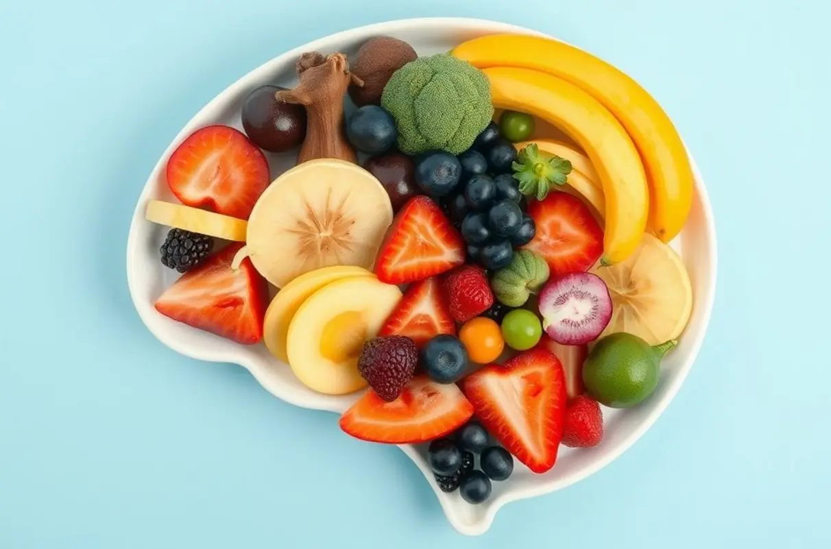 Prato em forma de cérebro com frutas e vegetais