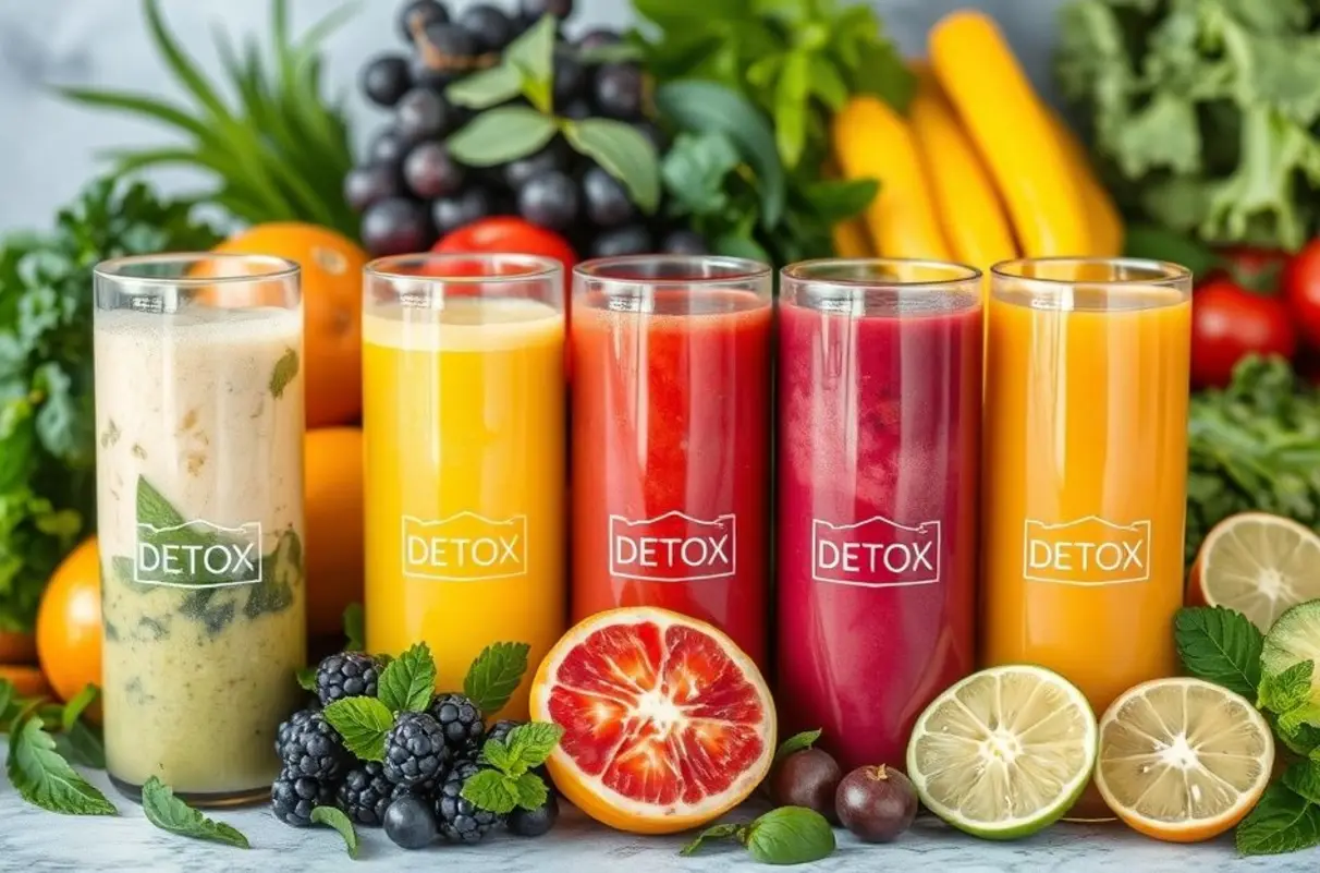 Variedade de sucos detox com frutas e vegetais