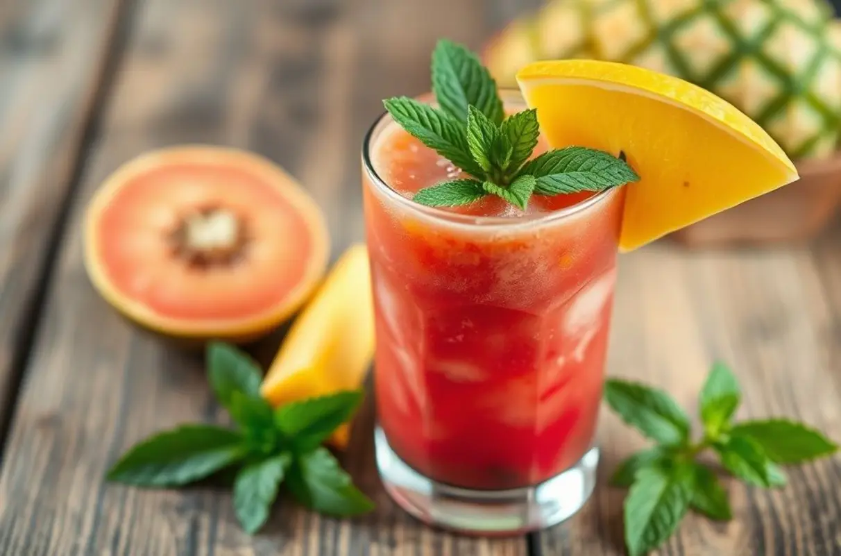 Smoothie tropical refrescante com frutas e folhas de hortelã.